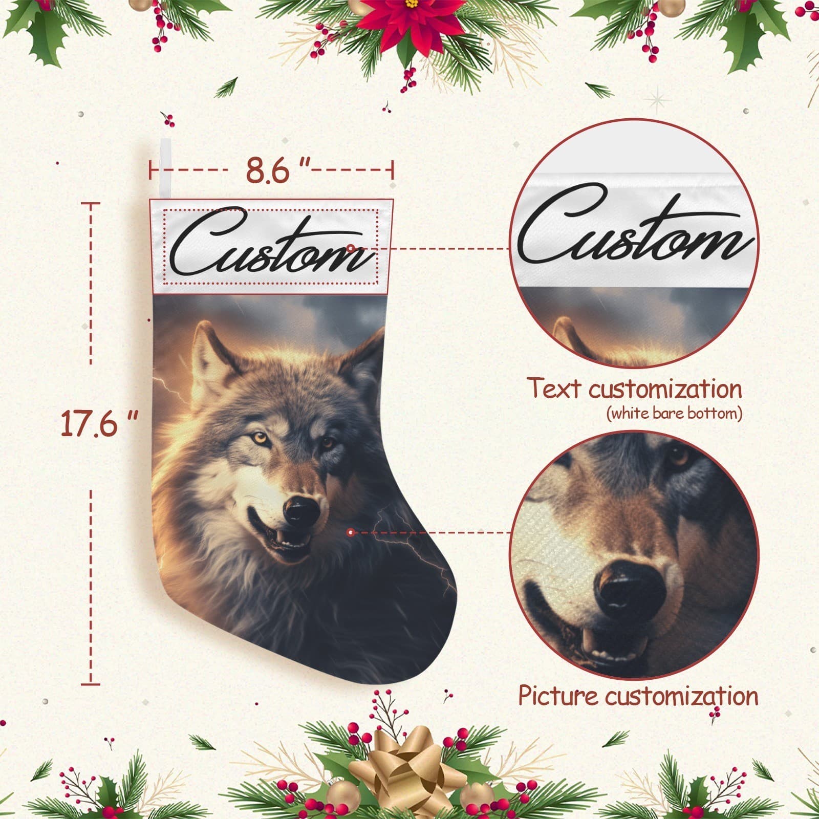 Personalized Wolf Christmas Stocking – Custom Name Storm Lightning Holiday Décor - Thumbnail 2