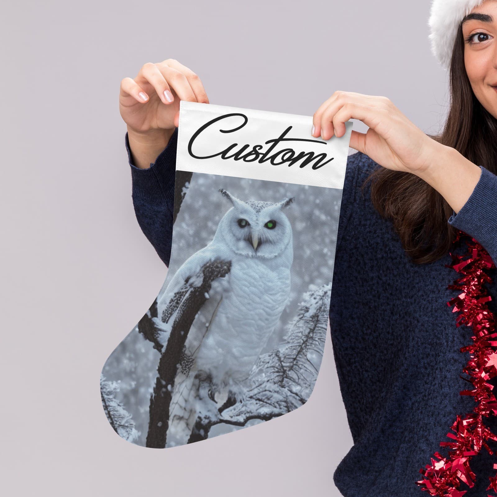 Custom Snowy Owl Christmas Stocking – Personalized Winter Woodland Holiday Decor - Thumbnail 4