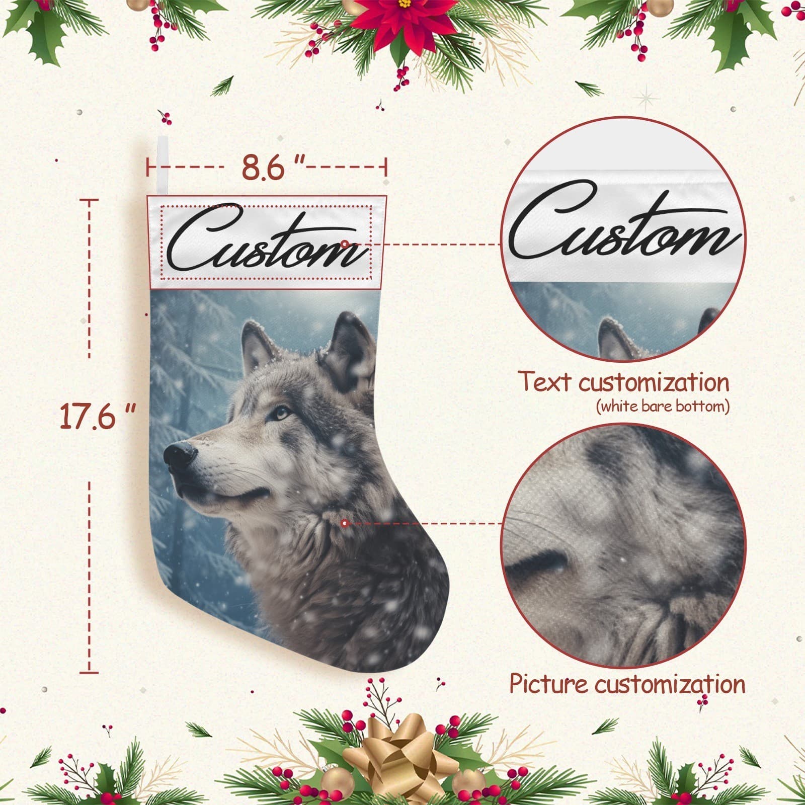 Personalized Wolf Christmas Stocking – Custom Name Woodland Cabin Holiday Décor - Thumbnail 2