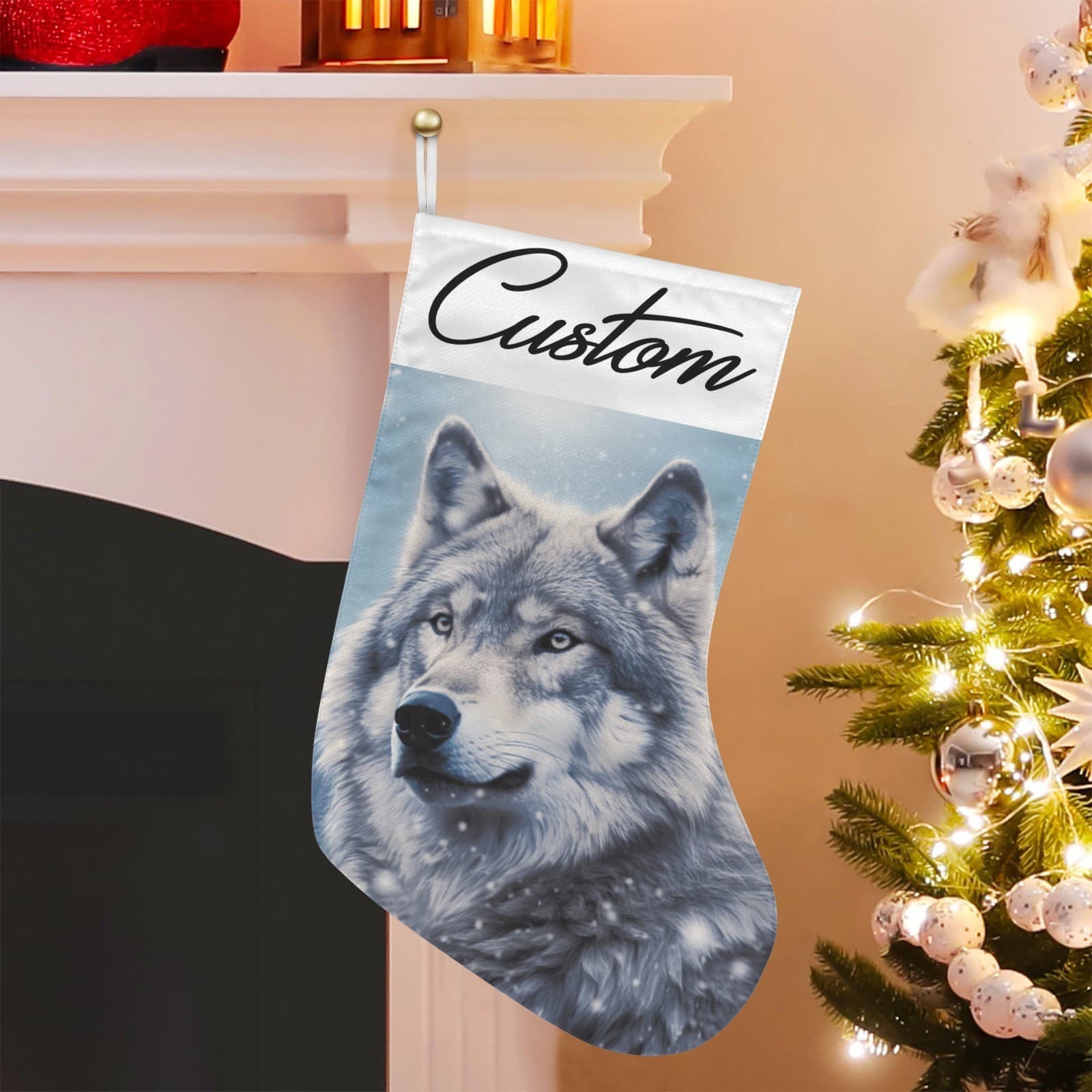 Personalized Wolf Christmas Stocking – Custom Name Woodland Winter Décor - Thumbnail 3