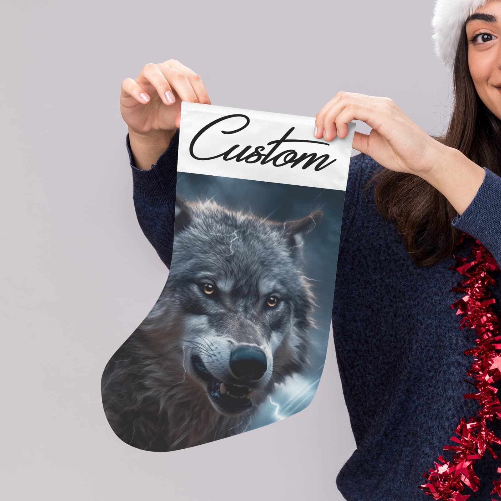 Personalized Wolf Christmas Stocking – Custom Name Storm Lightning Cabin Décor - Thumbnail 4