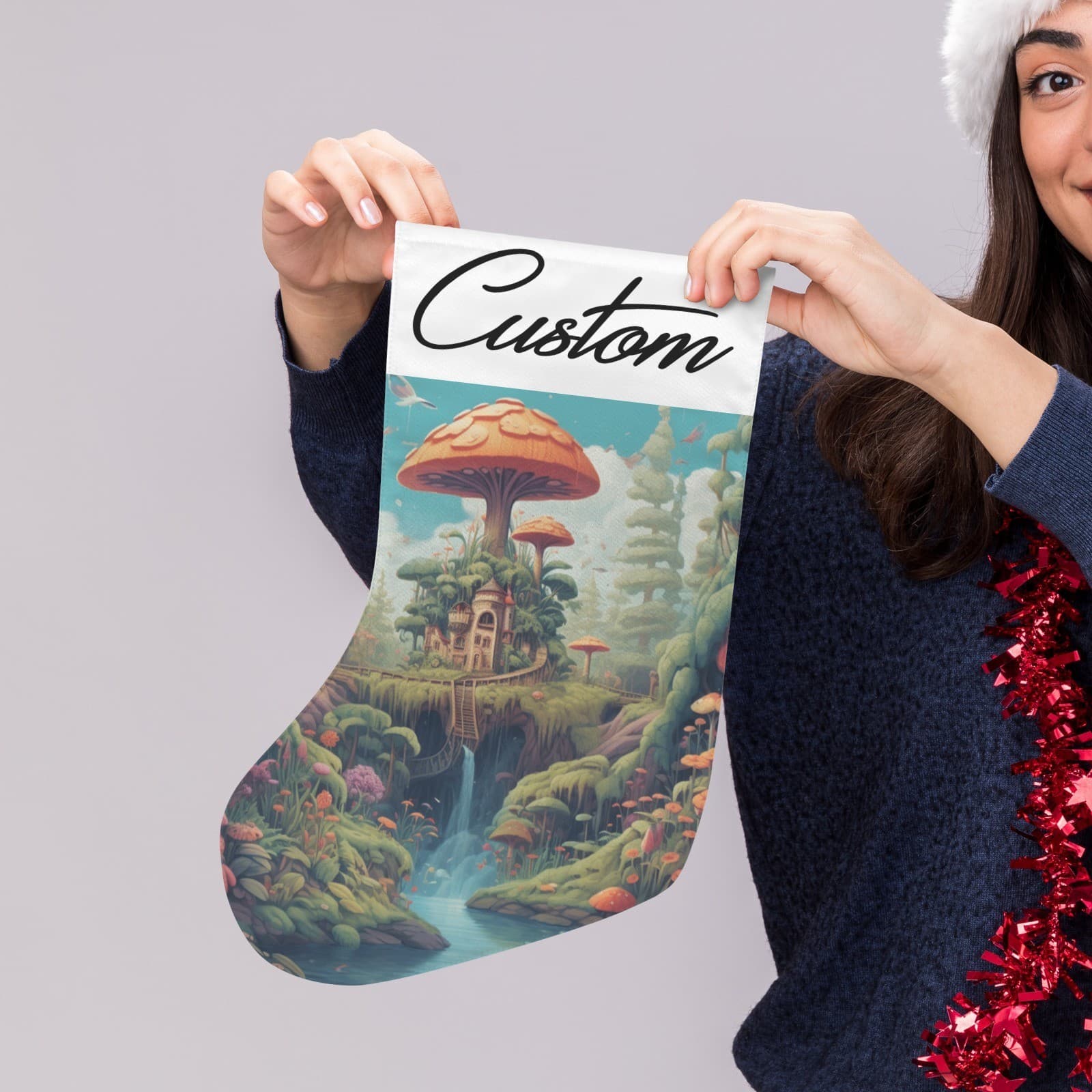 Personalized Mushroom Village Christmas Stocking – Custom Fantasy Holiday Décor - Thumbnail 3