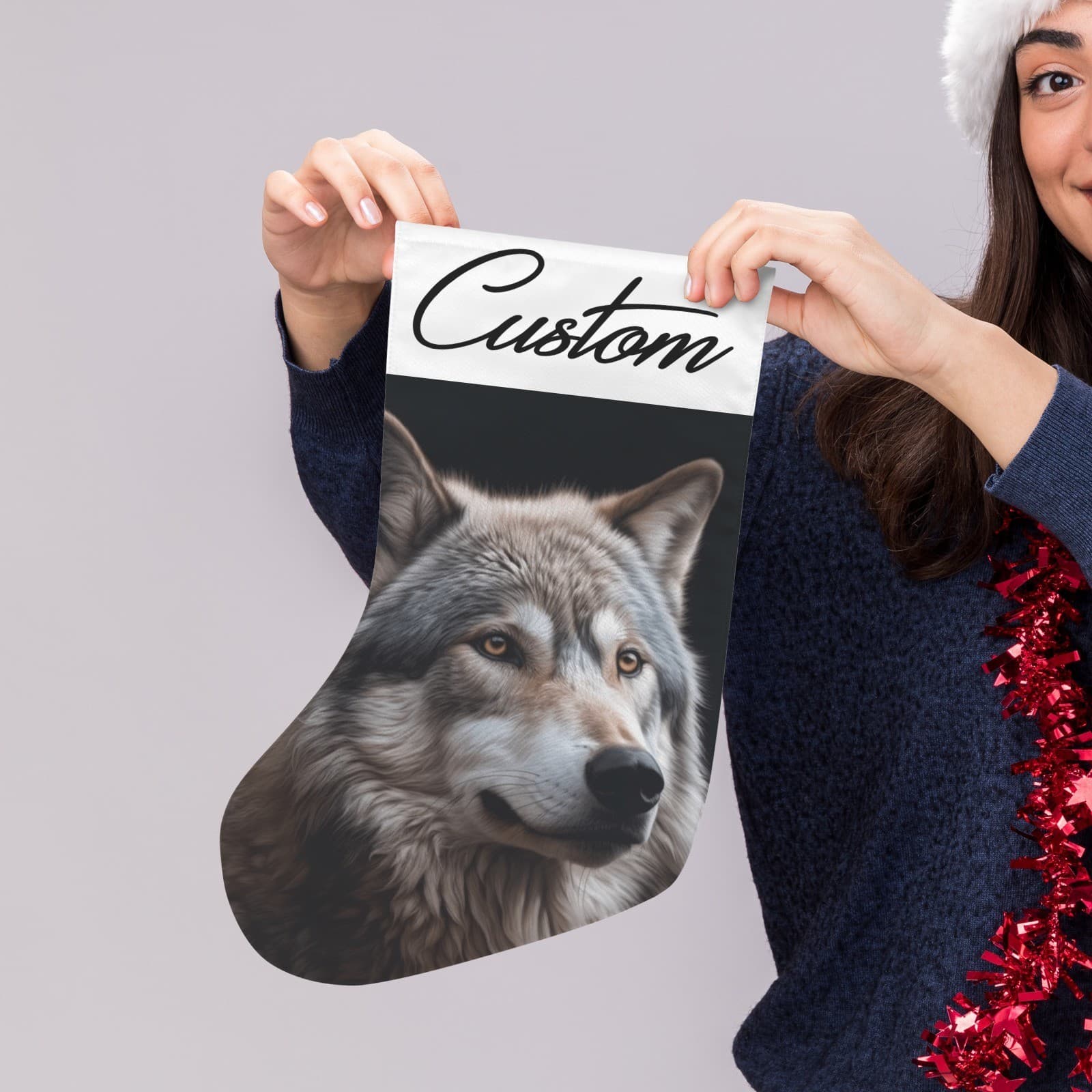 Custom Christmas Stocking Wolf Design – Personalized Holiday Fireplace Decor Gif - Thumbnail 2