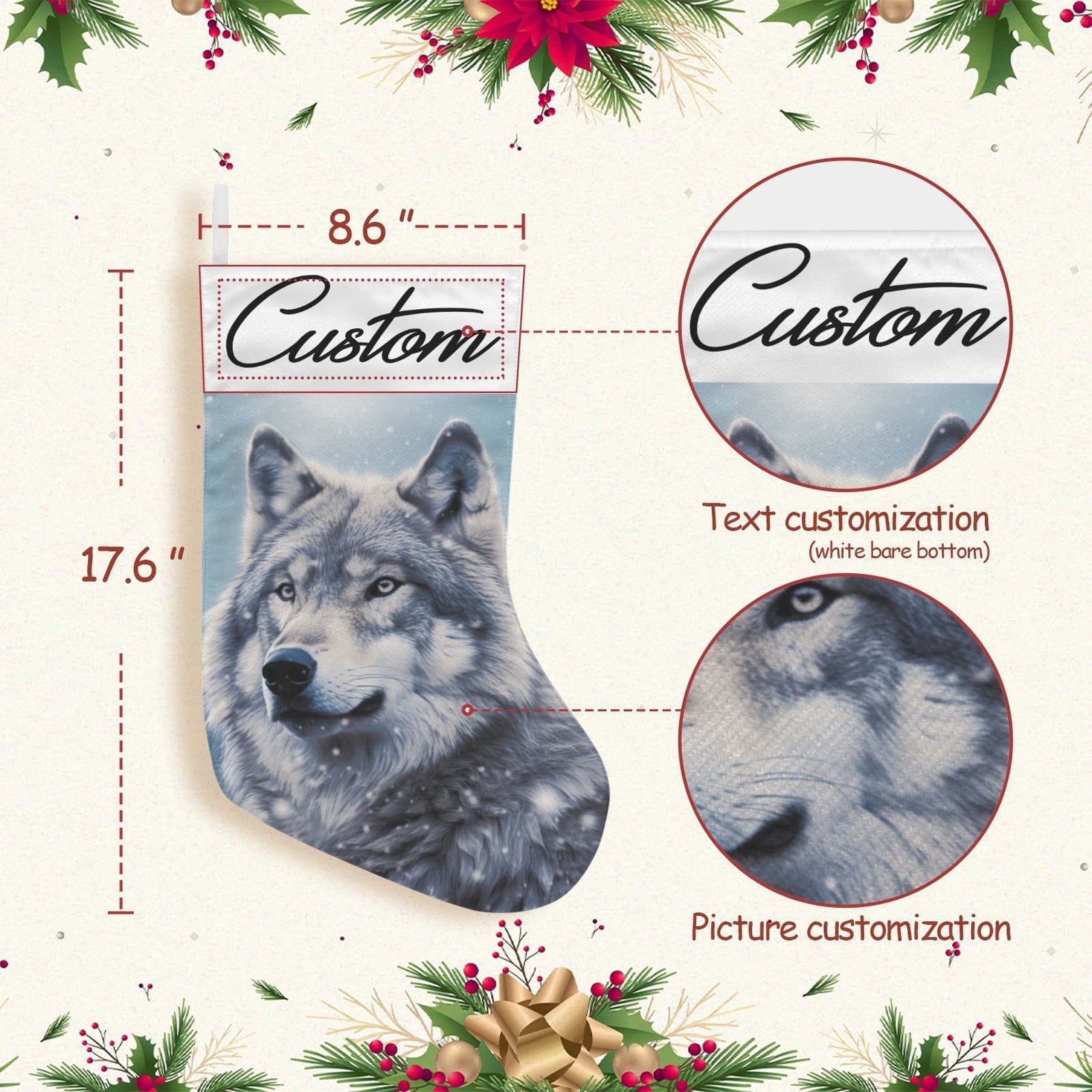 Personalized Wolf Christmas Stocking – Custom Name Woodland Winter Décor - Thumbnail 2