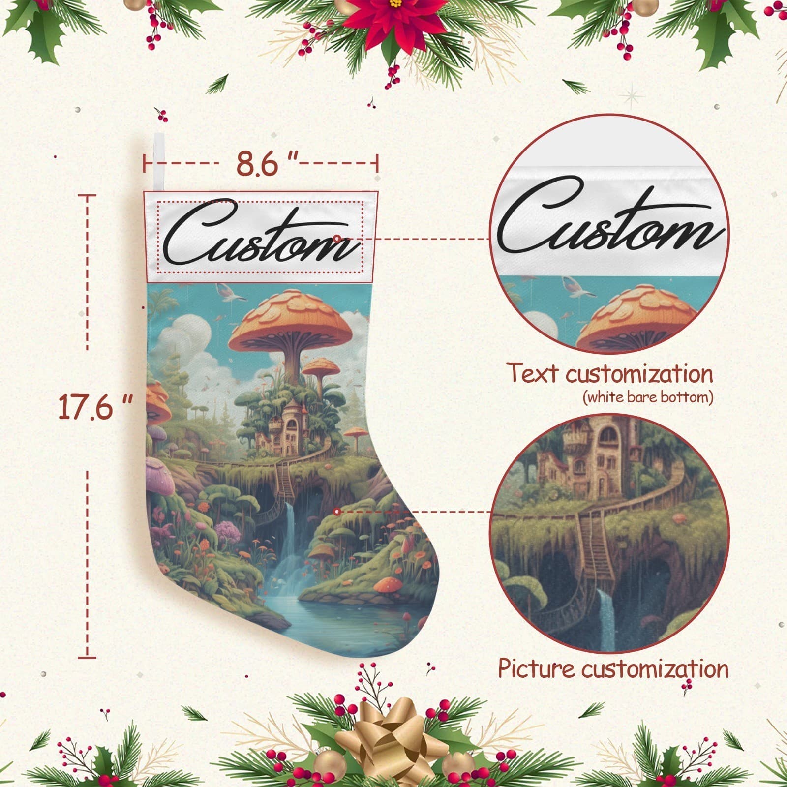 Personalized Mushroom Village Christmas Stocking – Custom Fantasy Holiday Décor - Thumbnail 2