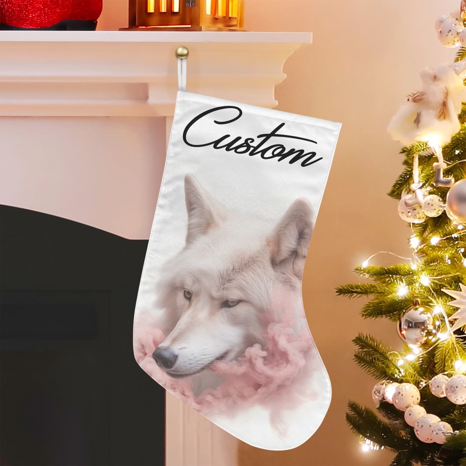 Custom White Wolf Christmas Stocking – Pink Smoke Personalized Holiday Décor - Thumbnail 5
