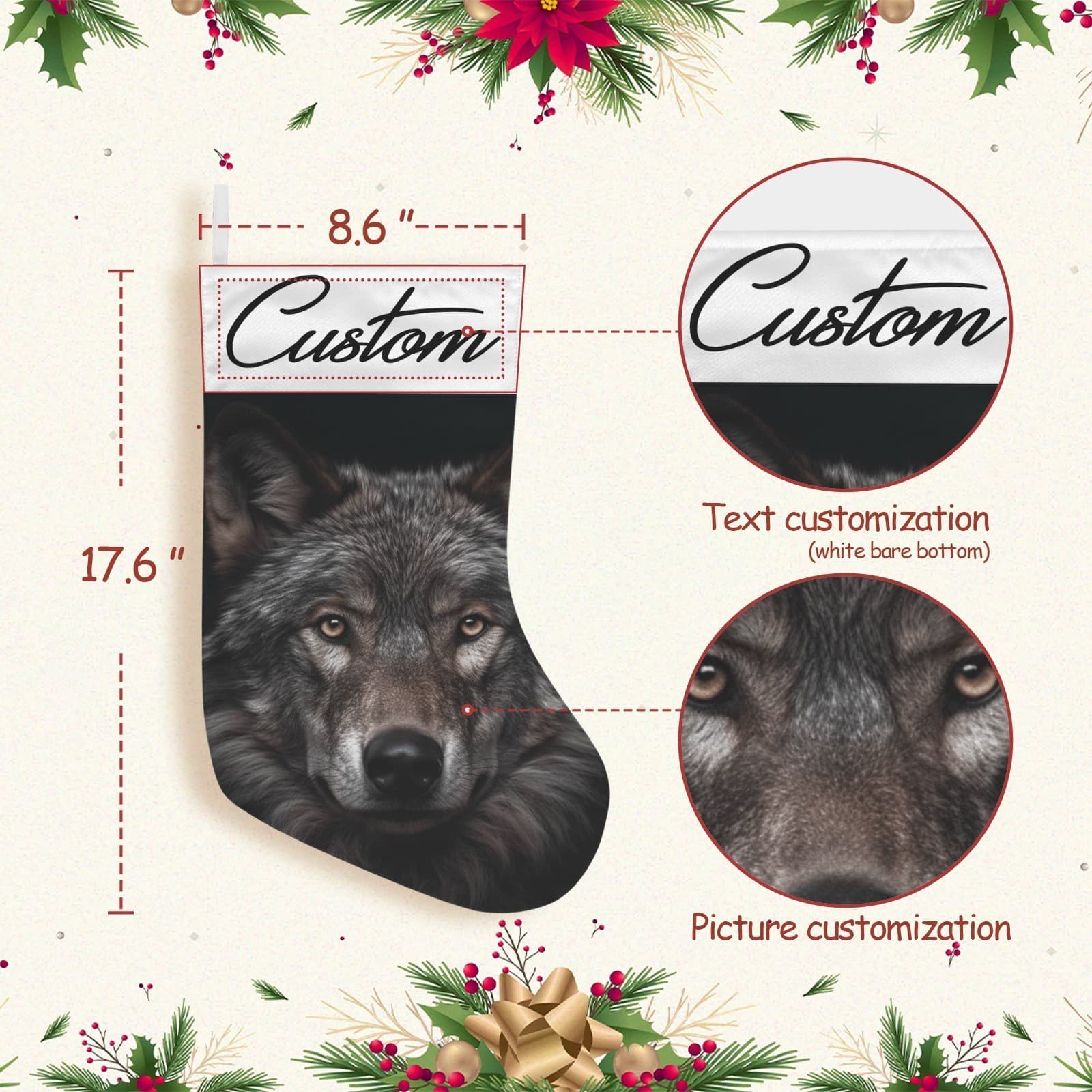 Custom Wolf Christmas Stocking – Fierce Gray Wolf Holiday Decor, Rustic Cabin Lo - Thumbnail 3