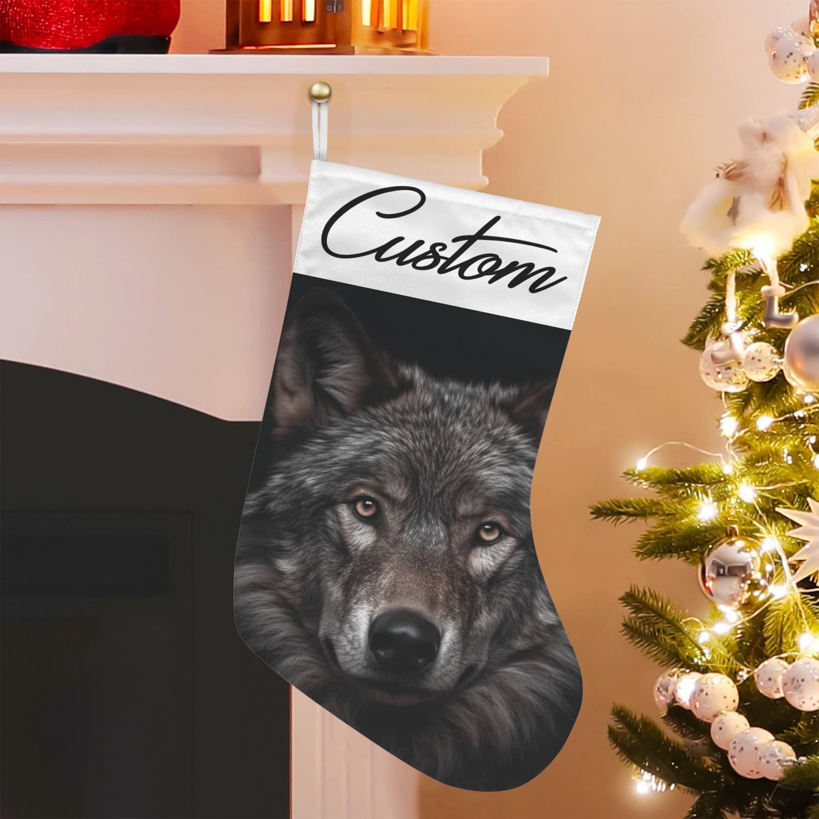 Custom Wolf Christmas Stocking – Fierce Gray Wolf Holiday Decor, Rustic Cabin Lo - Thumbnail 4