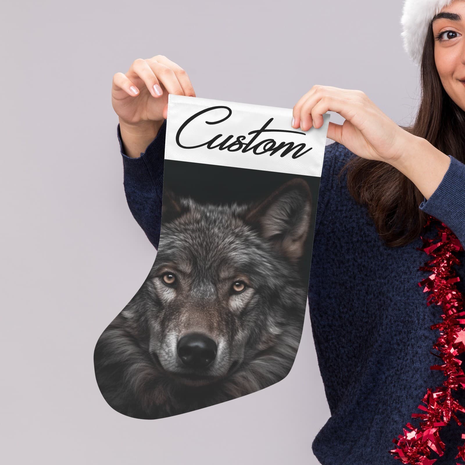 Custom Wolf Christmas Stocking – Fierce Gray Wolf Holiday Decor, Rustic Cabin Lo - Thumbnail 2