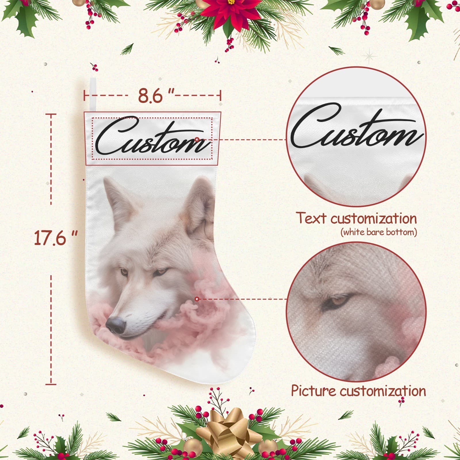 Custom White Wolf Christmas Stocking – Pink Smoke Personalized Holiday Décor - Thumbnail 2