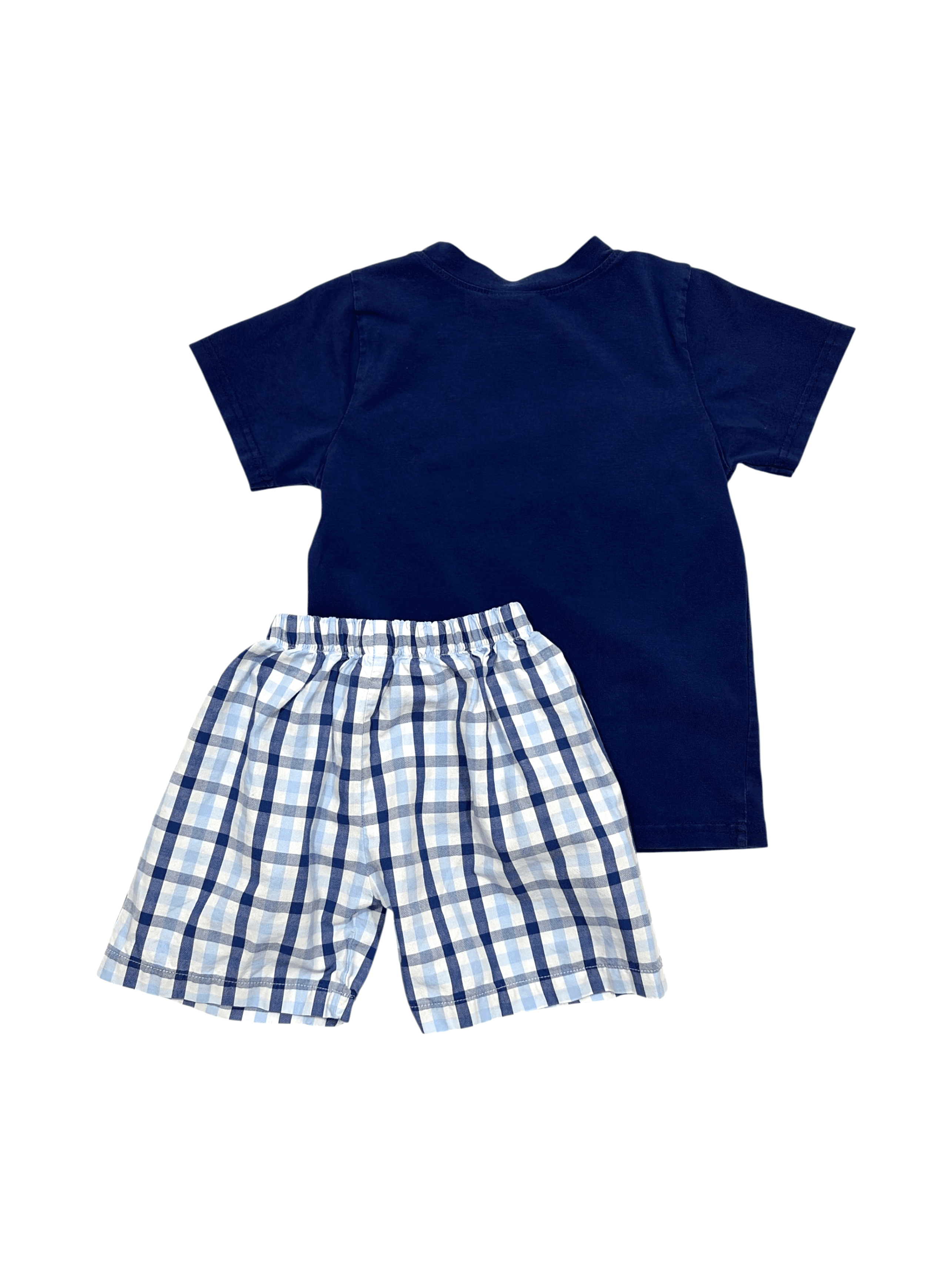 Smocked Polkadot size 4 Blue Fish Appliqué T-Shirt and Plaid Shorts Set - Thumbnail 2
