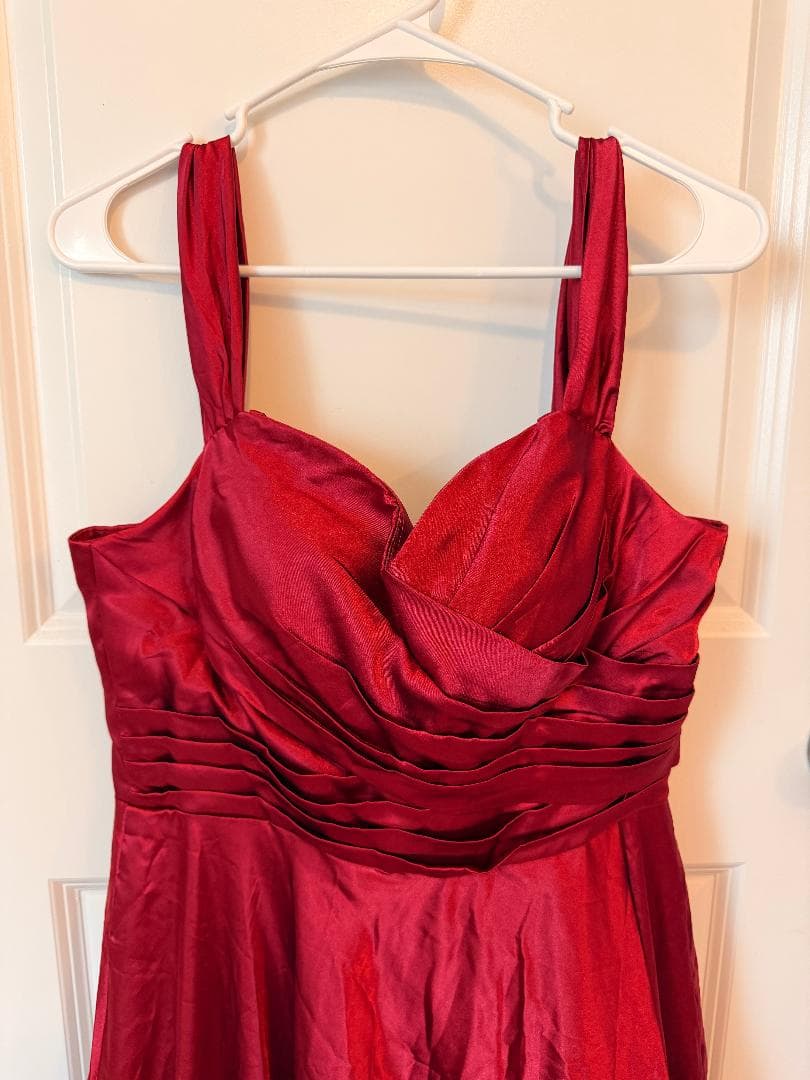 Red Formal Long Evening Gown with Pleated Bodice and Corset Tie Back - Thumbnail 2
