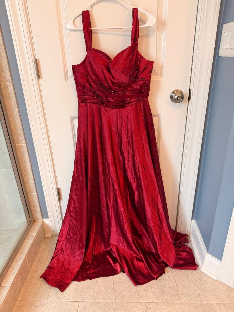 Red Formal Long Evening Gown with Pleated Bodice and Corset Tie Back