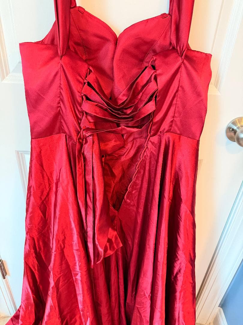 Red Formal Long Evening Gown with Pleated Bodice and Corset Tie Back - Thumbnail 3
