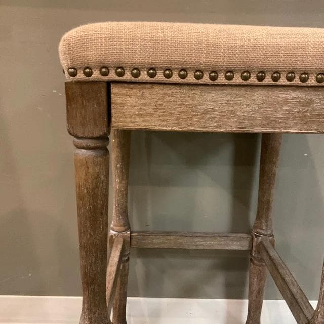*NEW* Tan Upholstered Bar Stool with Dark Washed Wood and Nailheads - Thumbnail 2
