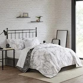 *NEW* Lilia Queen Reversible White/Charcoal Comforter Set with Cotton Bed Sheets