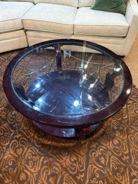 Wooden Round Coffee Table With Etched Glass Top - Thumbnail 2