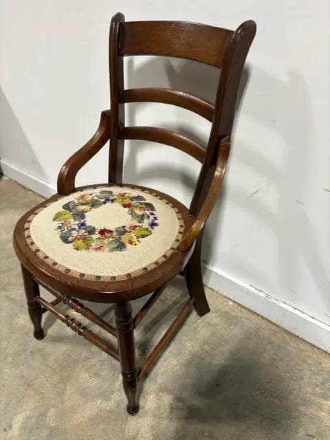 Antique Wood Chair with Embroidered Seat - Thumbnail 2