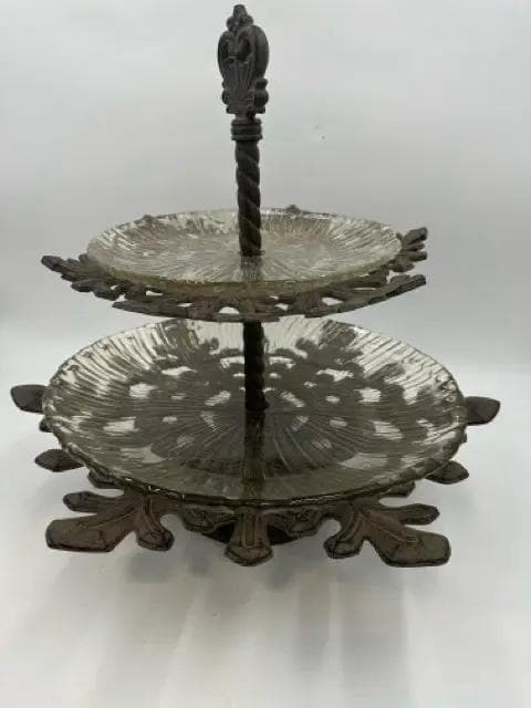 2 Tier Glass and Iron Serving Stand
