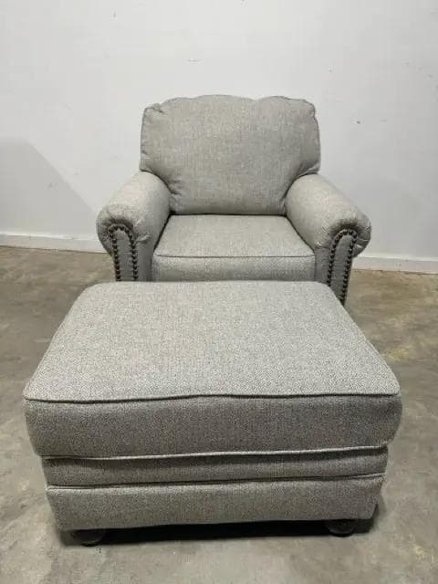 Ashley Grey Chevron Pattern Arm Chair With Ottoman With Nailhead Trim - Thumbnail 5