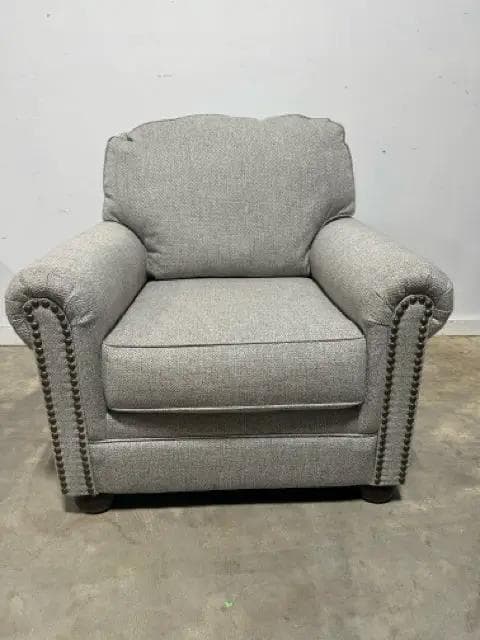 Ashley Grey Chevron Pattern Arm Chair With Ottoman With Nailhead Trim