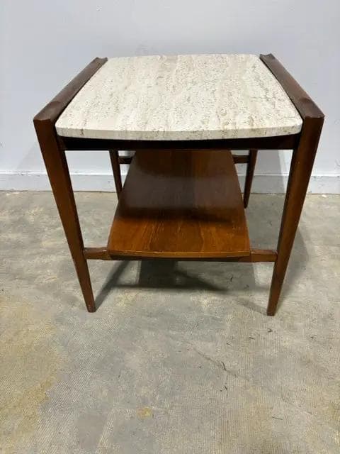 Mid Century Italian Travertine Top With Wood Base 2 Tier Accent Table - Thumbnail 2