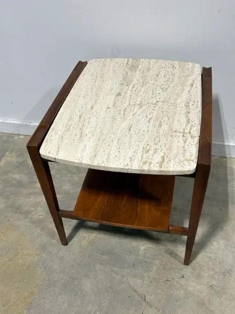 Mid Century Italian Travertine Top With Wood Base 2 Tier Accent Table - Thumbnail 3