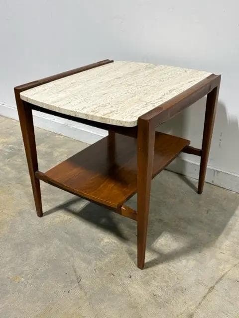 Mid Century Italian Travertine Top With Wood Base 2 Tier Accent Table