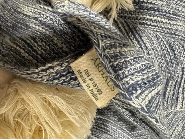 Arhaus Blue And Cream Throw Blanket With Tassels - Thumbnail 3