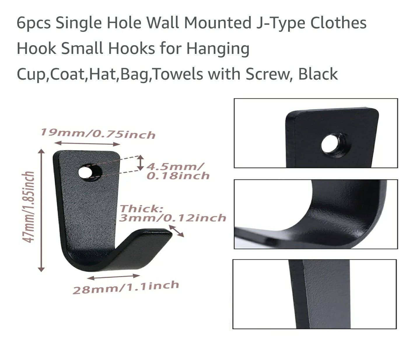 6pcs Single Hole Wall Mounted J-Type Clothes Hook Small Hooks for Hanging Cup... - Thumbnail 3