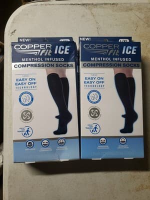 2-Copper Fit Ice Menthol Infused Compression Socks Black Size. L/XL