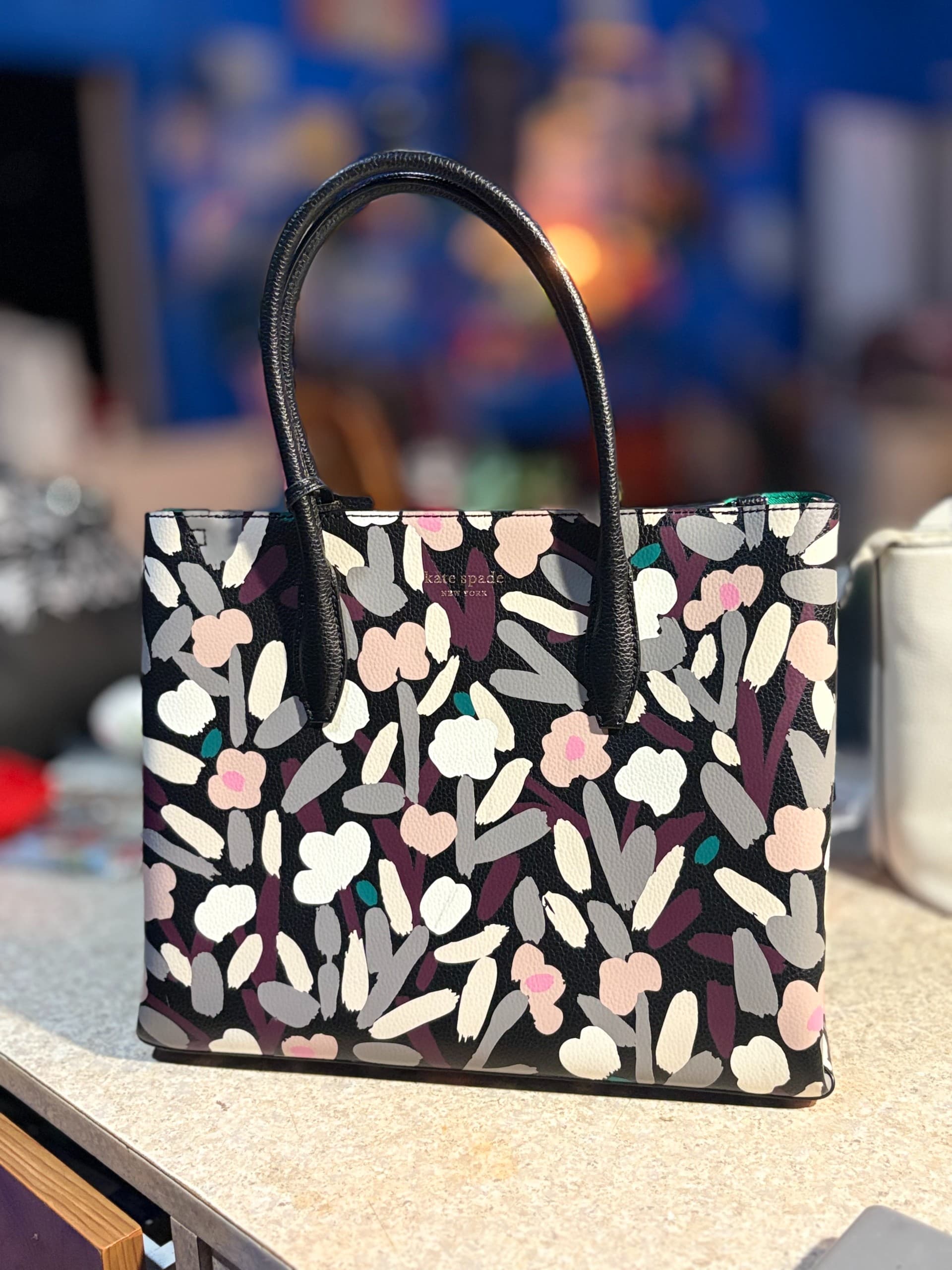 Kate Spade Floral Pebbled Leather Tote/Crossbody- Black Multicolor - Regular
