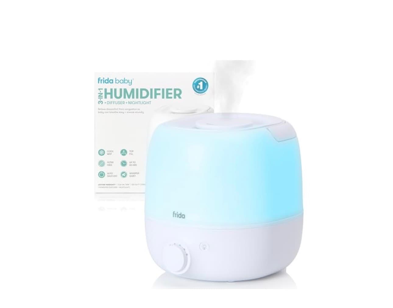 Frida Baby 3-in-1 Cool Mist Humidifier for Large Rooms, Top Fill Humidifier for Bedroom, Allergy Relief, 60 Hour Runtime + Nightlight, Auto Shut-Off,