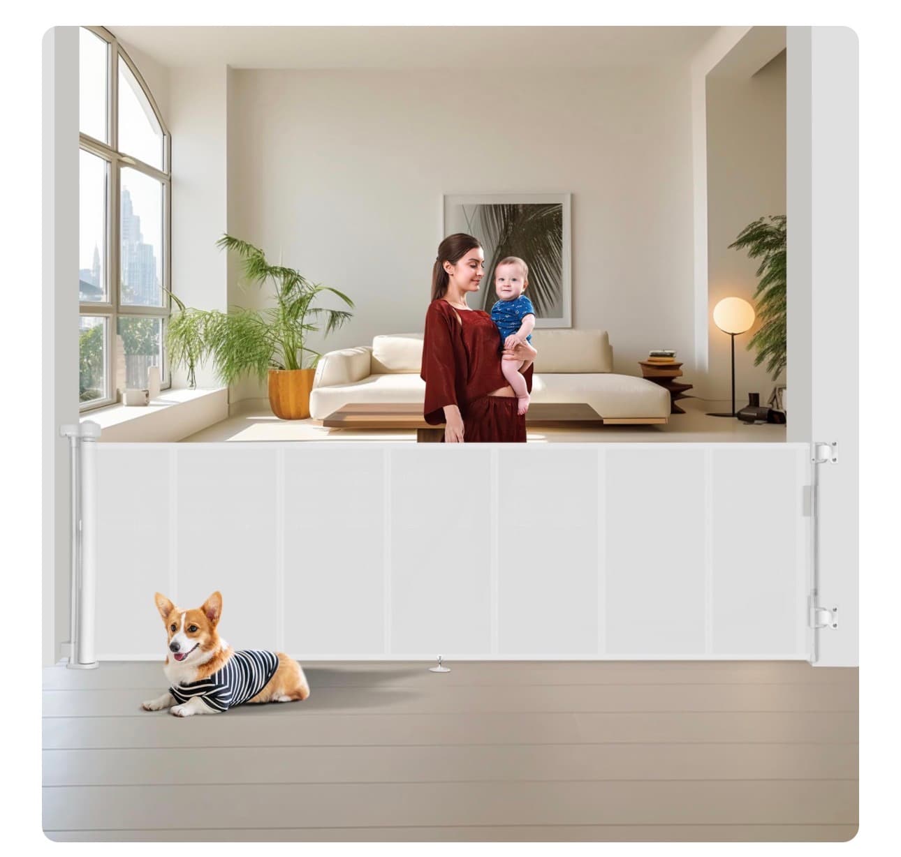 Miumoon 150 inch Retractable Baby Gates 34 inch Tall, Retractable Gate with Reinforced Strip Design to Prevent Crawling Through, 12 FT Extra Wide Retractable Dog Gate for Indoor/Outdoor