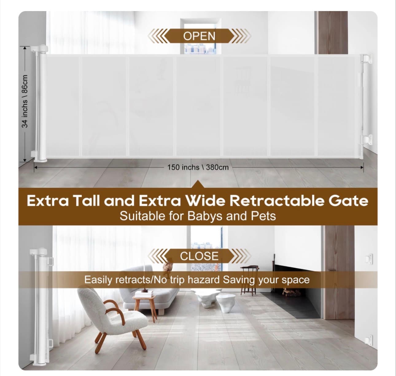 Miumoon 150 inch Retractable Baby Gates 34 inch Tall, Retractable Gate with Reinforced Strip Design to Prevent Crawling Through, 12 FT Extra Wide Retractable Dog Gate for Indoor/Outdoor - Thumbnail 4