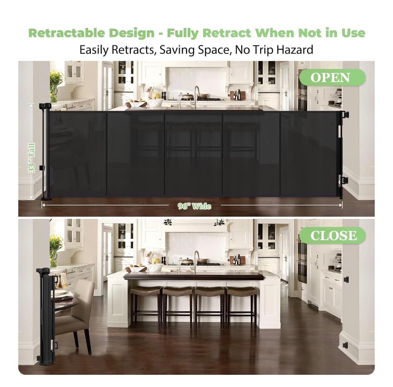 96 Inch Wide Reinforced Retractable Baby Gate with Support Rods, Extra Long Dog Gate Retractable Gate Outdoor Gates for Decks, Prevent Crawling Under Extra Long Baby Gates for Large Openings, Black - Thumbnail 3