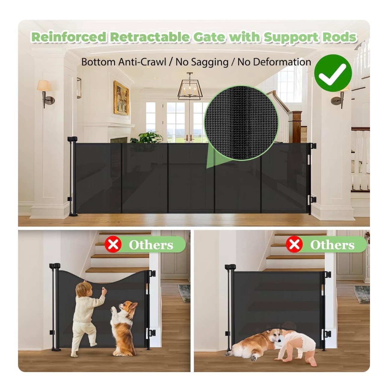 96 Inch Wide Reinforced Retractable Baby Gate with Support Rods, Extra Long Dog Gate Retractable Gate Outdoor Gates for Decks, Prevent Crawling Under Extra Long Baby Gates for Large Openings, Black - Thumbnail 2