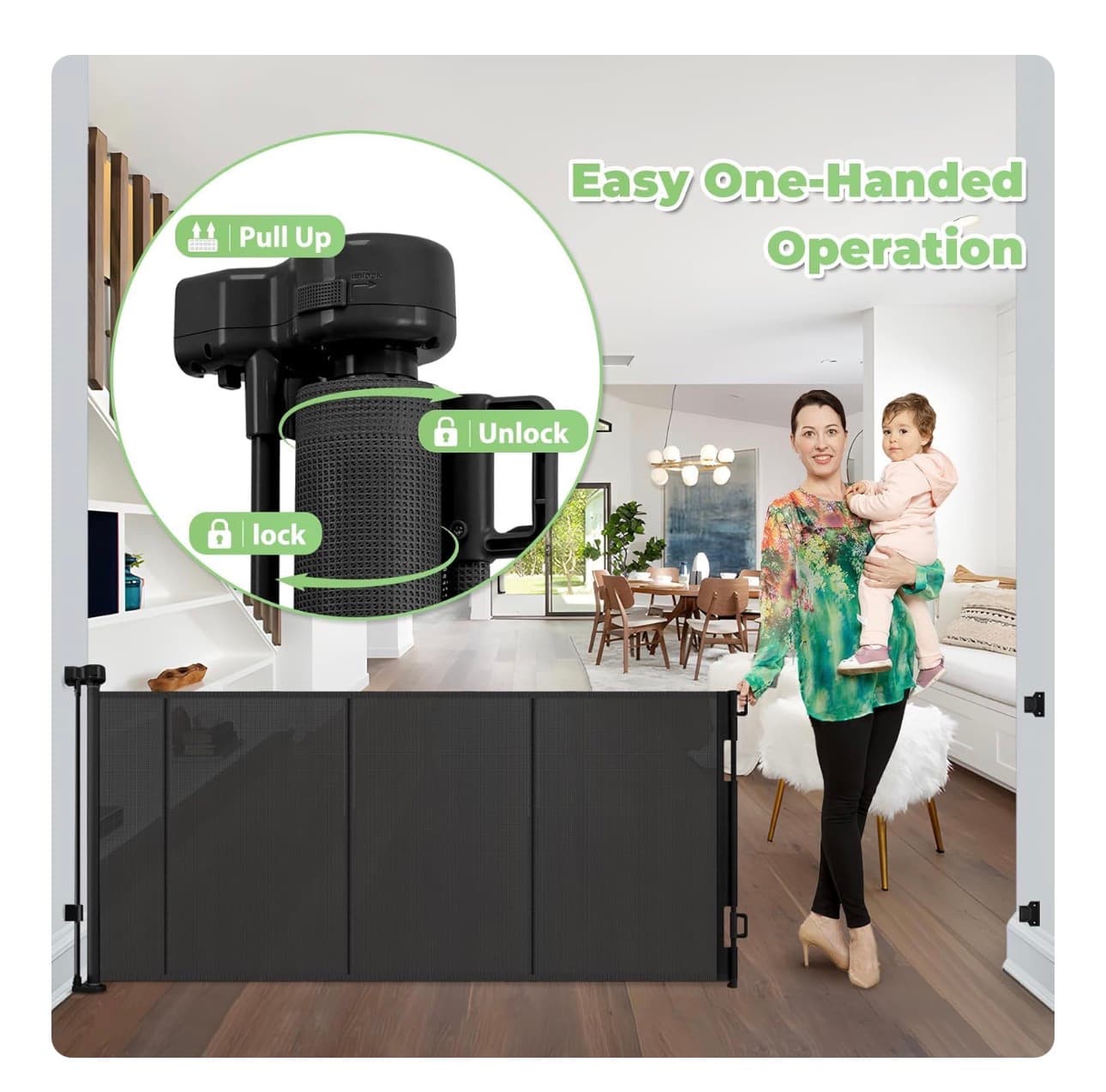 96 Inch Wide Reinforced Retractable Baby Gate with Support Rods, Extra Long Dog Gate Retractable Gate Outdoor Gates for Decks, Prevent Crawling Under Extra Long Baby Gates for Large Openings, Black - Thumbnail 5