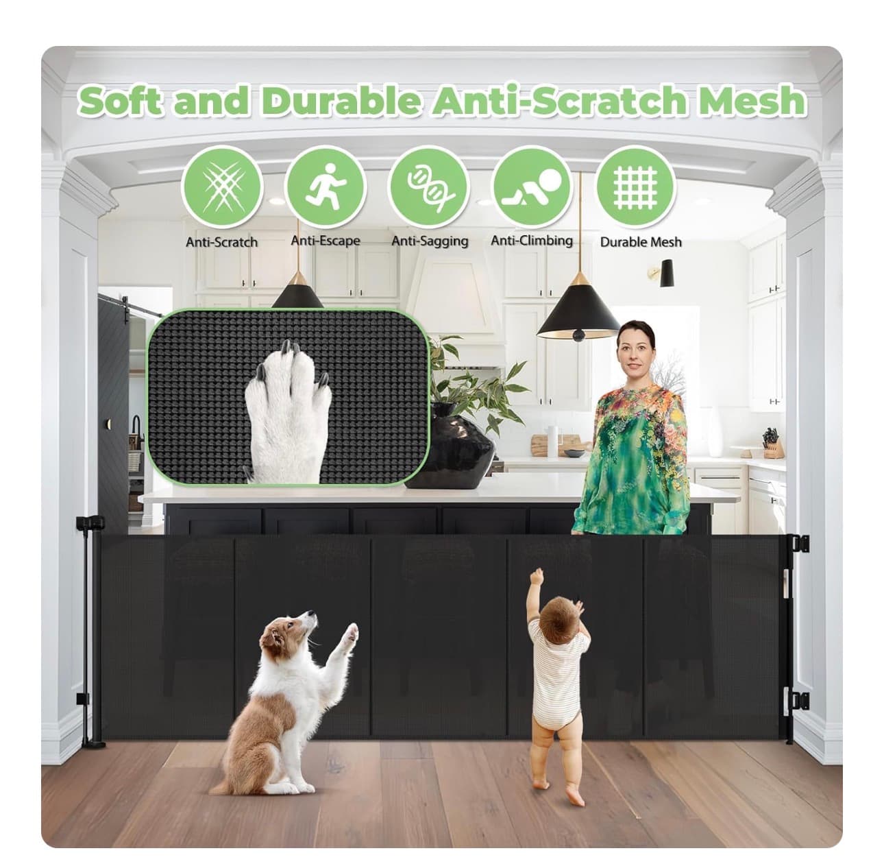 96 Inch Wide Reinforced Retractable Baby Gate with Support Rods, Extra Long Dog Gate Retractable Gate Outdoor Gates for Decks, Prevent Crawling Under Extra Long Baby Gates for Large Openings, Black - Thumbnail 6