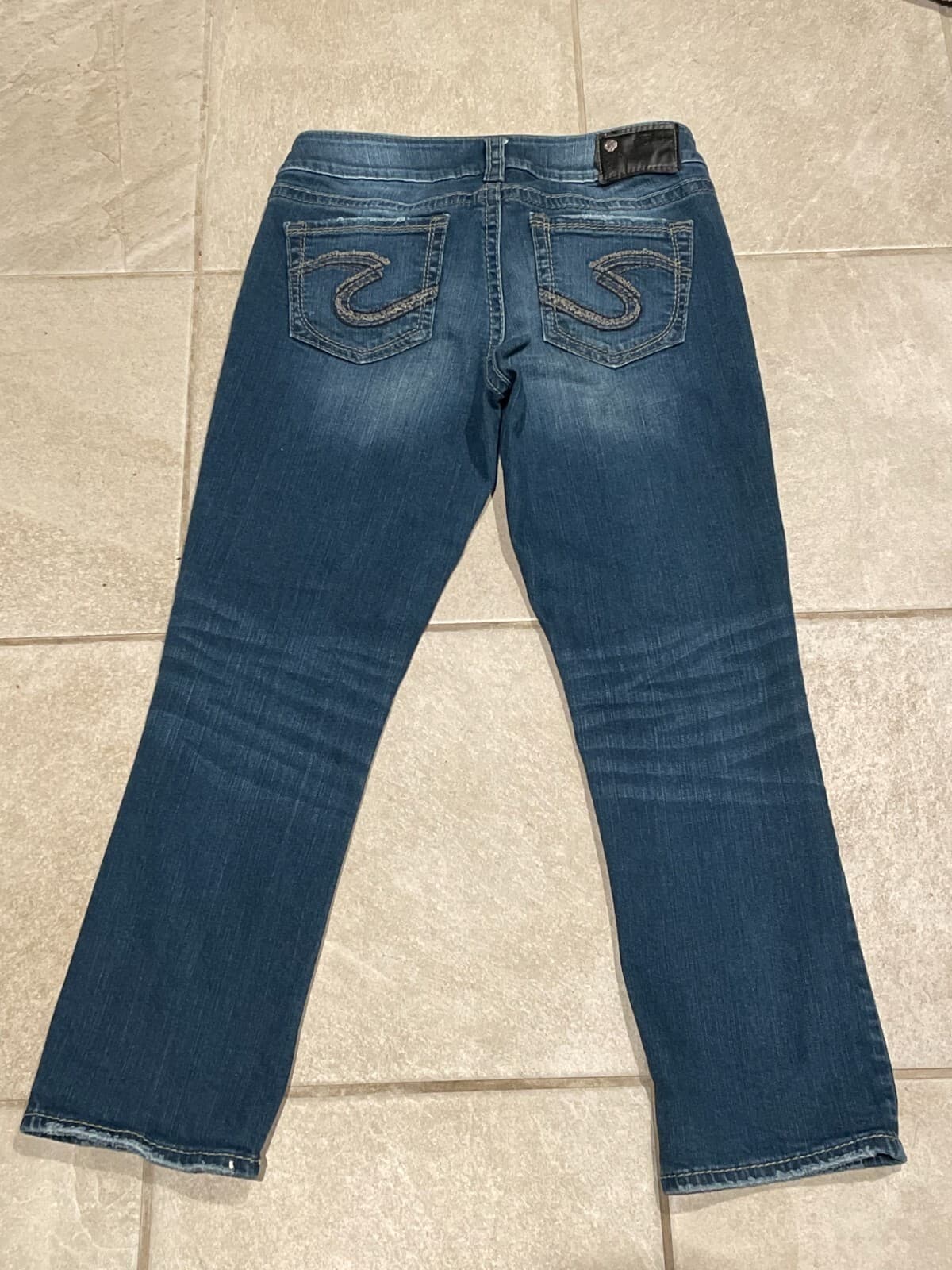 Silver Jeans Suki Mid Capri Dark Wash Blue Denim Jeans Womens Size 28x25 READ - Thumbnail 2