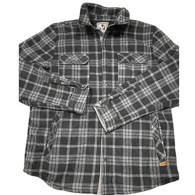 Voyager Flannel Shirt Mens Medium Black Gray Plaid Sherpa Lined Snap Up Shacket - Thumbnail 2