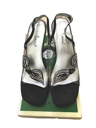 Annie black clear sling back dress heels size 9M With Velvet/Rhinestone Bows