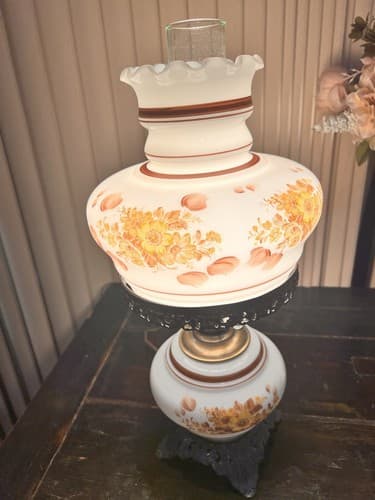 Vintage GWTW Style Hurricane Lamp Floral 21" Tall 3 Way Lighting Frosted Shades - Thumbnail 2