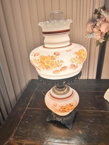 Vintage GWTW Style Hurricane Lamp Floral 21" Tall 3 Way Lighting Frosted Shades