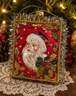 Vintage Glass Santa Ornament Square Double Sided Mercury Style Tinsel