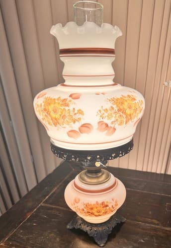 Vintage GWTW Style Hurricane Lamp Floral 21" Tall 3 Way Lighting Frosted Shades - Thumbnail 6
