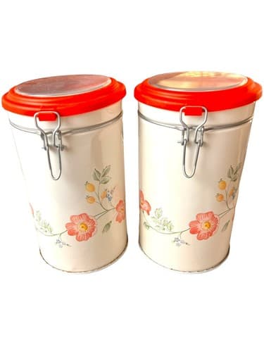 MCM Pair Of Tin Toleware Canisters White W/Red Flowers Clear Top