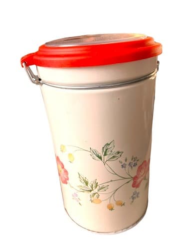 MCM Pair Of Tin Toleware Canisters White W/Red Flowers Clear Top - Thumbnail 7