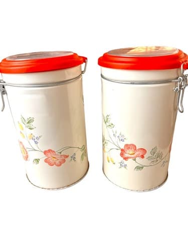 MCM Pair Of Tin Toleware Canisters White W/Red Flowers Clear Top - Thumbnail 2