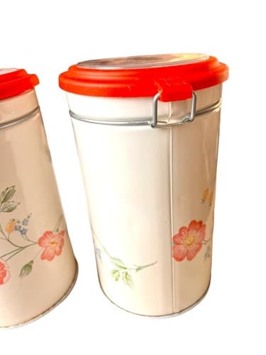 MCM Pair Of Tin Toleware Canisters White W/Red Flowers Clear Top - Thumbnail 3